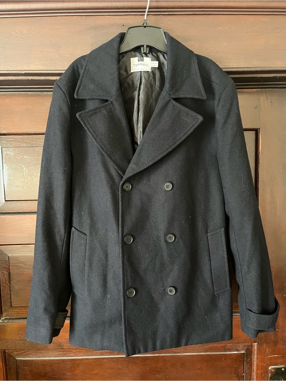 Topman Black Double Breasted Pea Coat Large